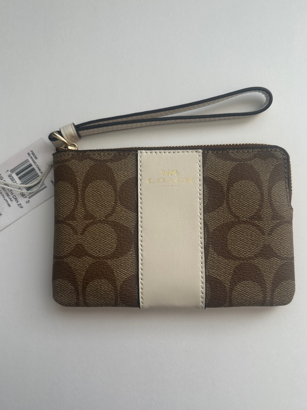 Coach Brown Signature Canvas Wristlet with Cream Center